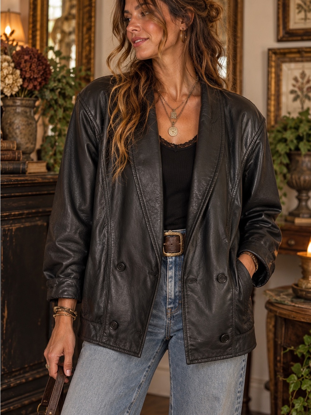 Vintage 80’s-90’s Black Leather Double-Breasted Jacket. Size Small